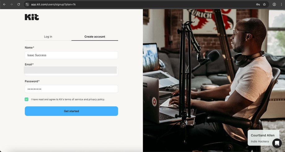 Kit signup: name, email, password.