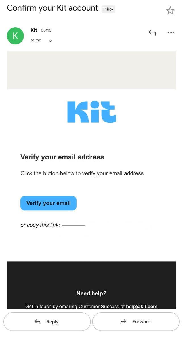 Kit’s confirmation email: verify your email address.