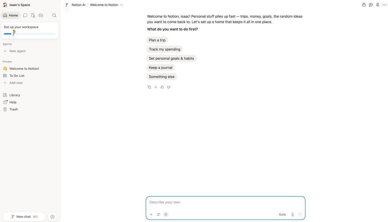 Notion’s June welcome screen, personalised with the user’s name and chosen intent items.